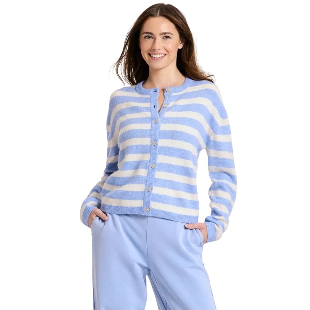 JoyLab Women's Blue Striped Button Front Crew Neck Cardigan Sweater Size Small